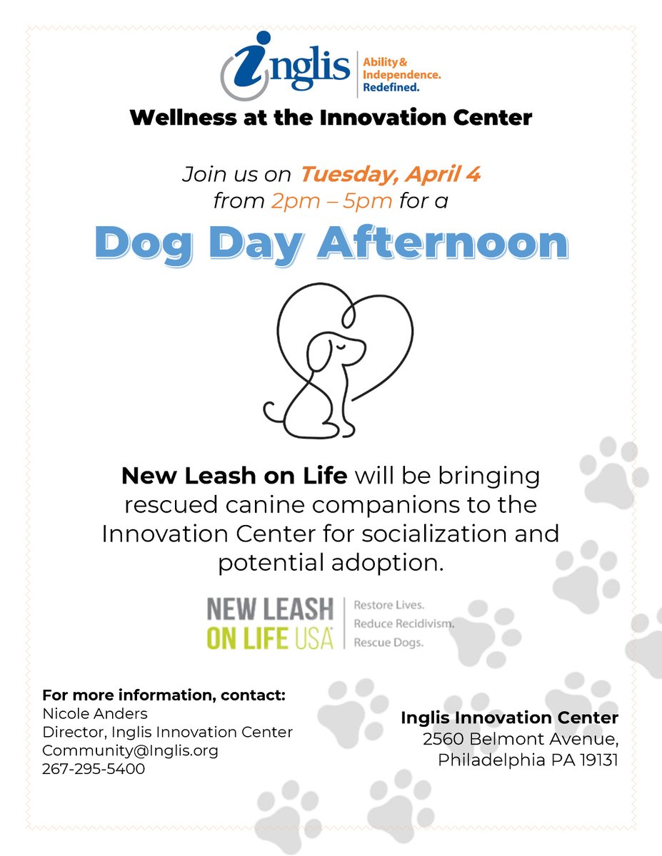 Don't forget! Join us tomorrow (Tuesday, April 4) at Inglis' Innovation Center for a Dog Day Afternoon, brought to you by our friends at New Leash on Life.