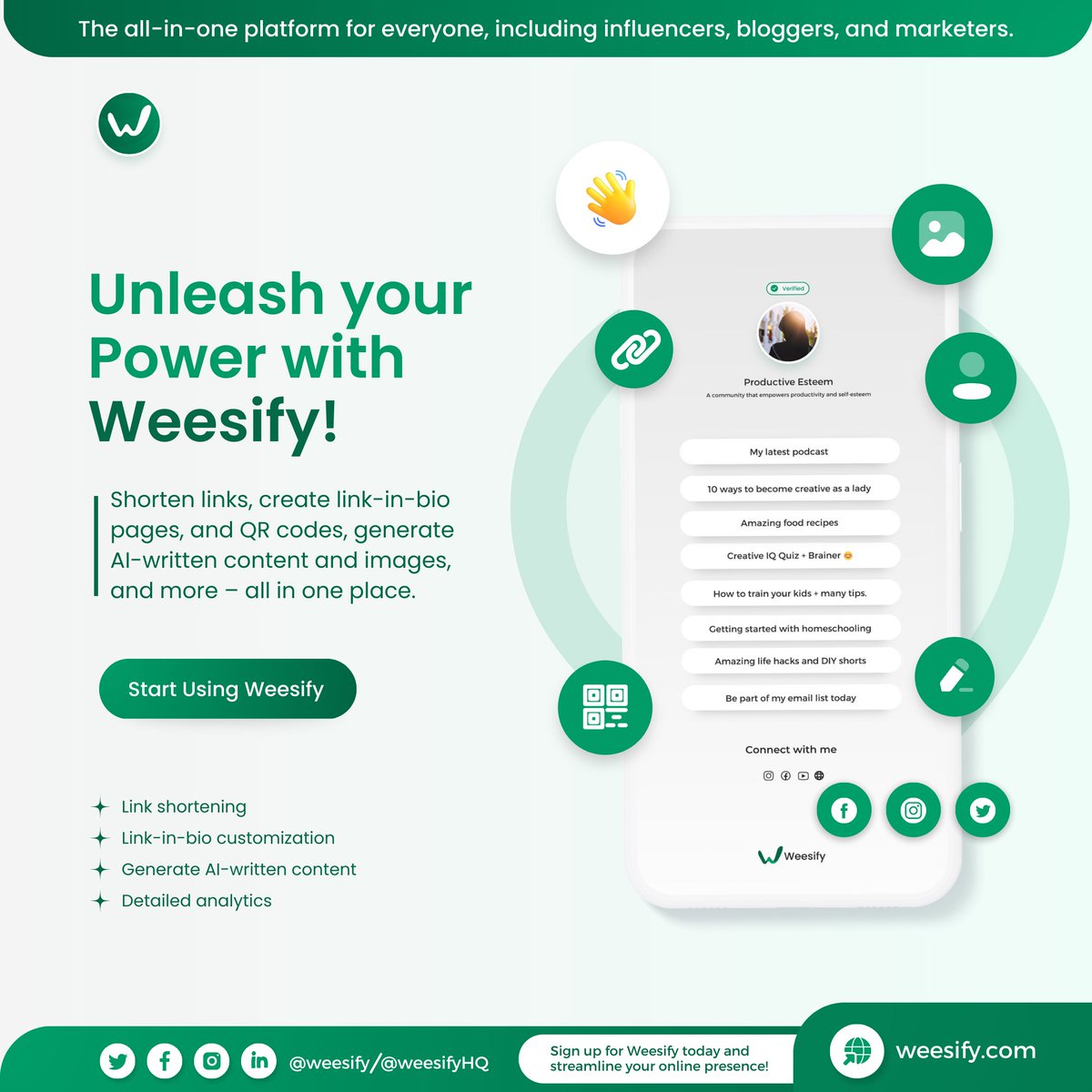 Optimize Your Online Strategy with Weesify!

Weesify offers link shortening, link-in-bio customization, AI-generated content, QR code generation &amp; detailed analytics tools to help you streamline your online presence. 
weesify.com
#Weesify #LinkShortener #LinkInBio #AI