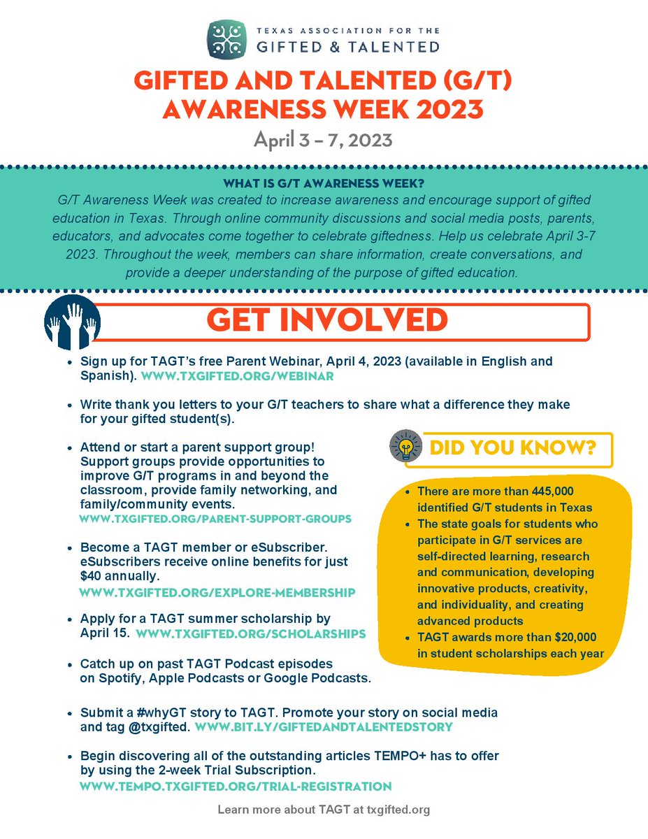 Happy GT Awareness Week! Parents of GT students: Here are some great ways to get involved in your child's education. #whyGT #TAGT #GTWeek #AliefProud