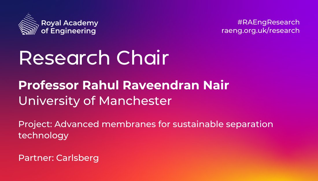Professor Rahul Raveendran Nair's research at <a href="/UoMGraphene/">The University of Manchester Graphene</a>, supported by <a href="/carlsberg/">Carlsberg</a>, will explore derivatives of graphene for filtration and separation, to lower greenhouse gas emissions and support sustainable food and drink production: raeng.org.uk/news/academic-…. #RAEngResearch