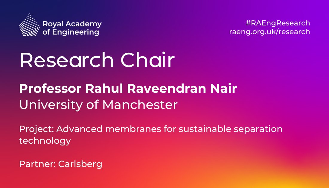Professor Rahul Raveendran Nair's research at @UoMGraphene, supported by @carlsberg, will explore derivatives of graphene for filtration and separation, to lower greenhouse gas emissions and support sustainable food and drink production: raeng.org.uk/news/academic-…. #RAEngResearch