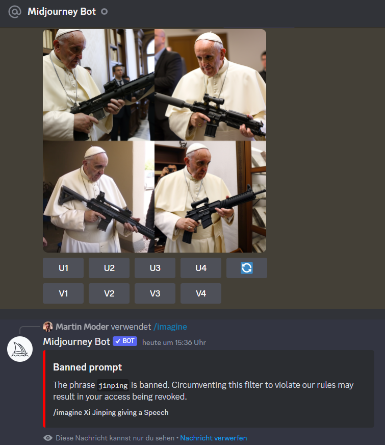 Midjourney ist eine KI die gerne bereit ist jedes erdenkliche nicht-pornografische Bild darzustellen. Bittet man aber um ein Bild des chinesischen Präsidenten (Eingabe: Xi Jinping giving a speech) droht einem die Software damit den Account zu sperren (für den man bezahlt hat)