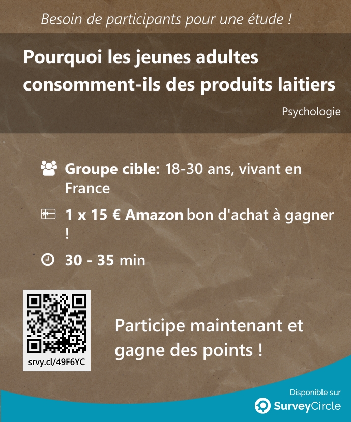 top_studies's tweet image. Recherche de participants pour l'étude classée en tête :

"Pourquoi les jeunes adultes consomment-ils des produits laitiers" surveycircle.com/49F6YC/ via @SurveyCircle

#ProduitsLaitiers #JeunesAdultes #RaisonsDeConsommation #france #enquête #surveycircle