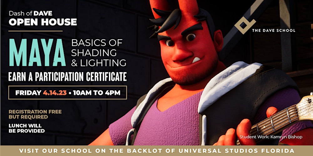 DAVE_School's tweet image. Know someone who loves games, films, or TV shows? Don&apos;t miss The DAVE School&apos;s FREE open house on April 14th! Learn the basics of Maya on the backlot of Universal Studios Florida. Register now: bit.ly/3JIGJPw  #vfxschool #gameschool #visualeffectstraining