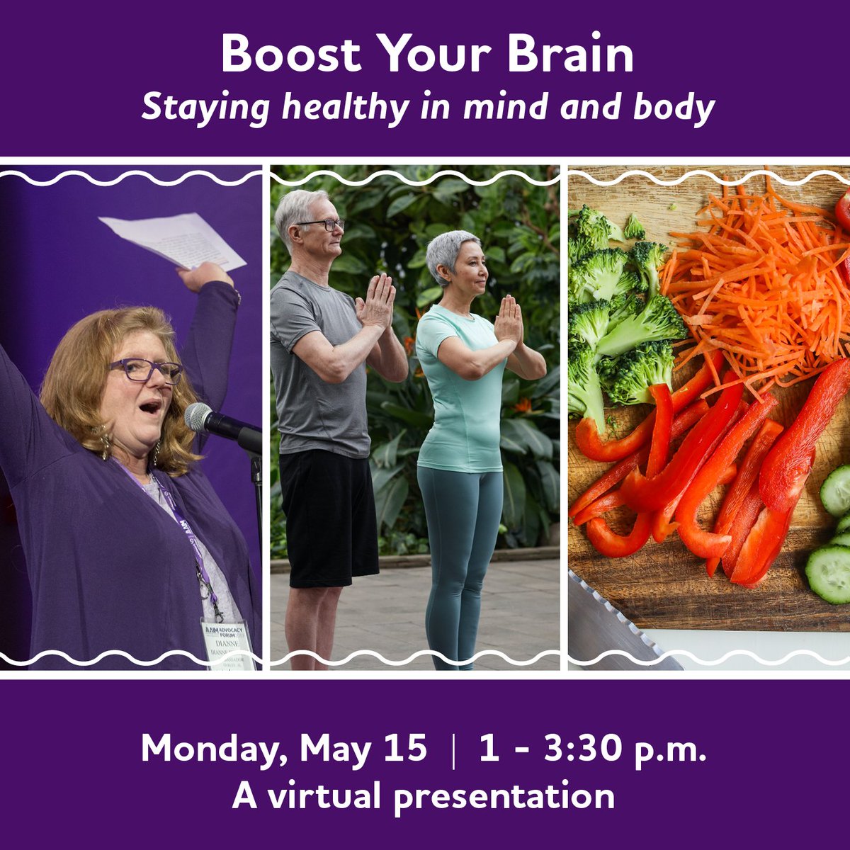 Courtesy Post from the <a href="/alzassociation/">Alzheimer's Association</a> :

Join us on Monday, May 15 from 1 - 3:30 p.m. for a lively, no-cost virtual session on the ways you can keep your brain healthy and active as you age. Please register in advance at bit.ly/May15_BoostYou…