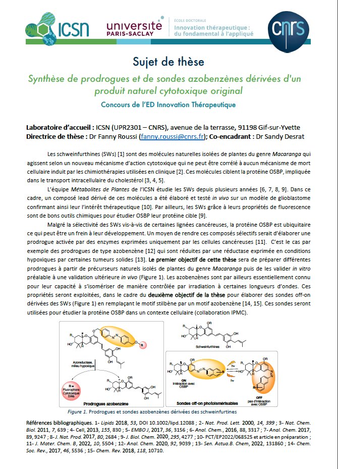Envie de réaliser une thèse dans notre équipe <a href="/ICSN_lab/">icsn_upr2301</a> @INC_CNRS <a href="/UnivParisSaclay/">Université Paris-Saclay</a> sur un sujet à l'interface entre chimie produits naturels et chemobiologie, alors n'hésitez pas à déposer votre candidature pour le concours de l'école doctorale ITFA👉 adum.fr/as/ed/voirprop…
