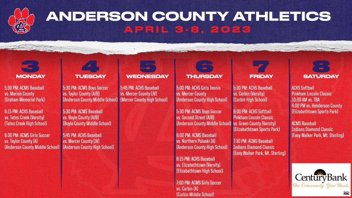 ACAthletics1's tweet photo. Anderson County Schools Weekly Athletic Calendar Sponsored by Century Bank of Kentucky.
Game times are subject to change. Stay up-to-date by visiting the Anderson County Schools Athletics social media accounts daily.
#TeamAC
#OneAC https://t.co/kNZk8WsZqc