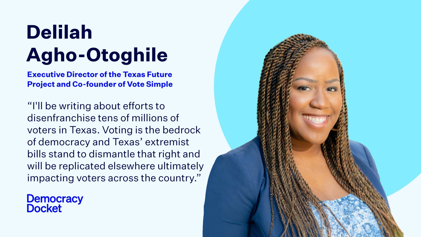 As the executive director of @TXFutureProject and co-founder of @VoteSimpleNow, @delilah_agho works 