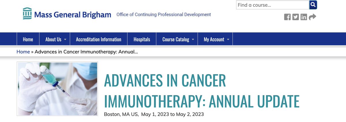 Countdown to 'Advances in Cancer Immunotherapy: Annual Update.' Less than one month away (May 1-2 at the Westin Copley Place in Boston). Register now! @MGHCancerCenter @MGHMedicine cpd.partners.org/content/advanc…