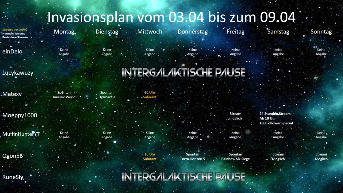 Lo_DarkMatter's tweet photo. Auch diese Woche bereichert euch die Legion wieder mit spannenden Invasionen. Seid dabei besonders auf @OgonR6 und @Matex67507584 gespannt, welche sich auf die Welt von Valorant stürzen. Und nicht zu vergessen das 24h Follower Special von @moeppy1000 🎉 https://t.co/8zc6zMdvp0