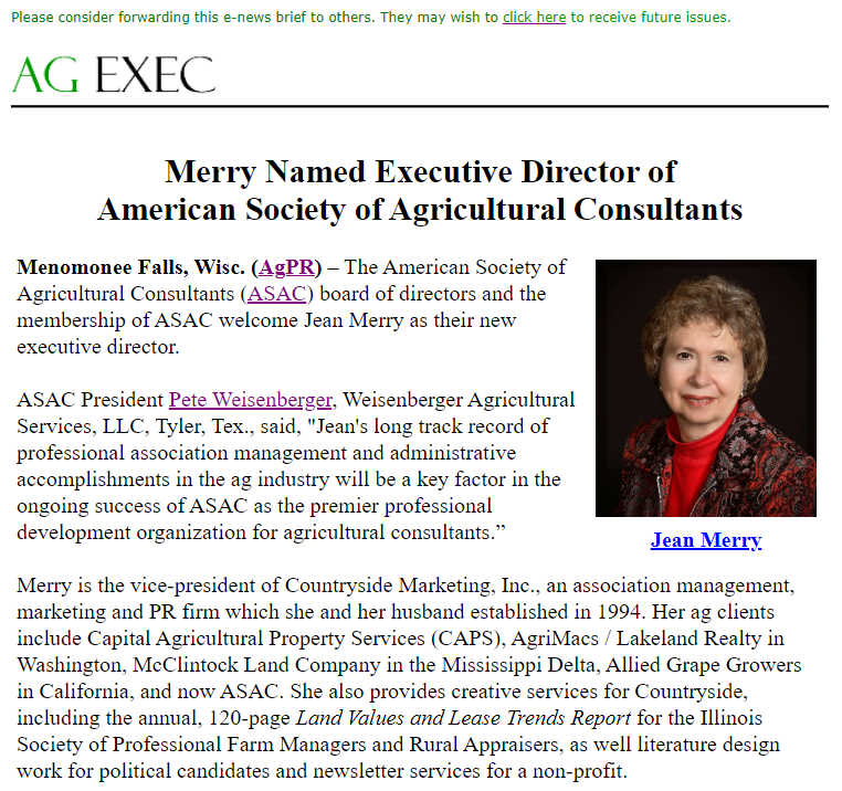 AgEXEC's tweet photo. .@The_ASAC:  Named Executive Director of
American Society of Agricultural Consultants
https://t.co/xTa5UD8HWA via https://t.co/YU5XgosU2b | @agnewscenter #agriculture #consultants @FarmHokie @MACS1258 @advisors_risk @Peoples_Kyle https://t.co/VSqm8lmXpl