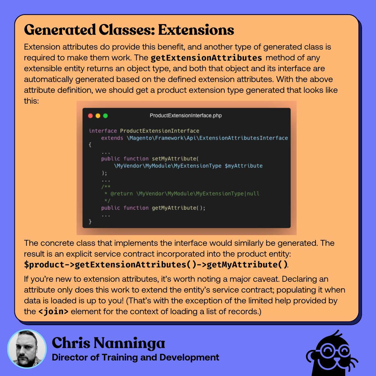 Thank you <a href="/ChrisNanninga/">Chris Nanninga</a> for this!
In this last entry in a series looking at generated classes in Adobe Commerce, we’re examining extension classes.
Learn more: swiftotter.com/technical/quic…

#magento #magento2 #magentodeveloper #swiftotter