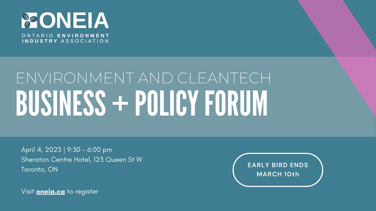 📣 Happening tomorrow! 
<a href="/ONEIAnetwork/">ONEIA network</a>'s #ONCleantech Business + Policy Forum, April 4th at the Sheraton Centre Hotel in Toronto, featuring sessions with government and sector experts.

🖱Program details and registration: oneia.my.canva.site/bpf2023  #BPF2023