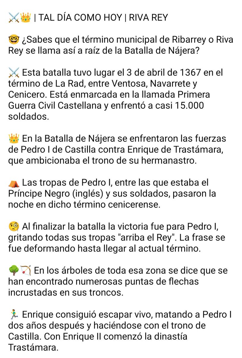ceniceroturismo's tweet photo. ⚔️👑 | TAL DÍA COMO HOY | RIVA REY

🤓 ¿Sabes que el término municipal de Ribarrey o Riva Rey se llama así a raíz de la Batalla de Nájera?

📜 Lee 👇🏼
#Cenicero #LaRioja #Turismo #Historia #Efeméride #RivaRey #Ribarrey #BatallaDeNájera #PedroI #EnriqueII #PrincipeNegro #Trastamara https://t.co/Ehw1U0rc2f