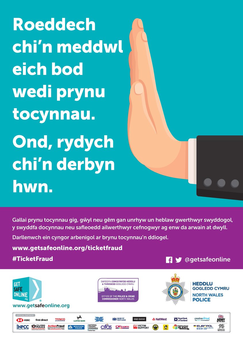 HeddluGogCymru's tweet image. Os ydych chi'n credu eich bod wedi cael eich twyllo wrth brynu tocynnau, rhowch wybod i @actionfrauduk yn 💻 
 orlo.uk/FRih5 neu drwy ffonio 📞 0300 123 2040 

orlo.uk/OWYjm
#TwyllTocynnau