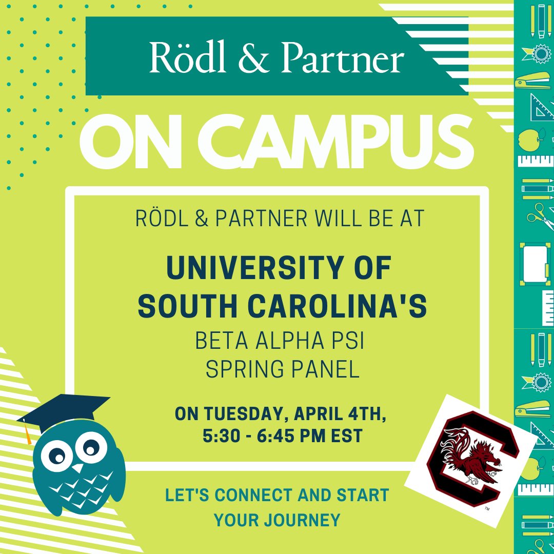 ATTENTION UNIVERSITY OF SOUTH CAROLINA ACCOUNTING STUDENTS: 

We will be on campus tomorrow, Tuesday, April 4th,  to participate in USC's Beta Alpha Psi Spring Panel.

We hope you will stop by to connect with us!! 

#UniversityofSouthCarolina #WeAreRoedl #Recruiting