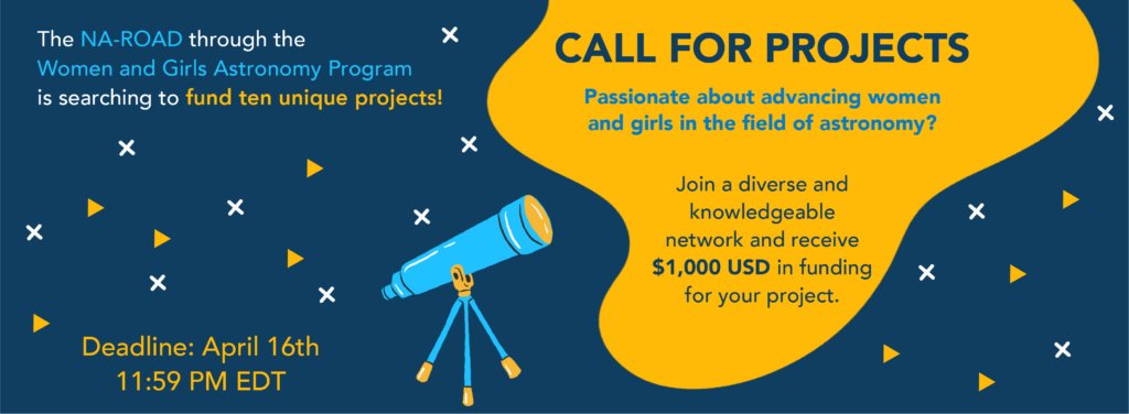 AUIEducation's tweet photo. NAROAD and their Women and Girls in Astronomy Program is looking to fund ten projects that use astronomy for development to promote, support, and uplift women and girls. Projects will be awarded with $1,000 USD mini-grants. More here: https://t.co/5F7Gw8Wrf3 #WGAP2023 #NAROAD https://t.co/WPHJciikYO