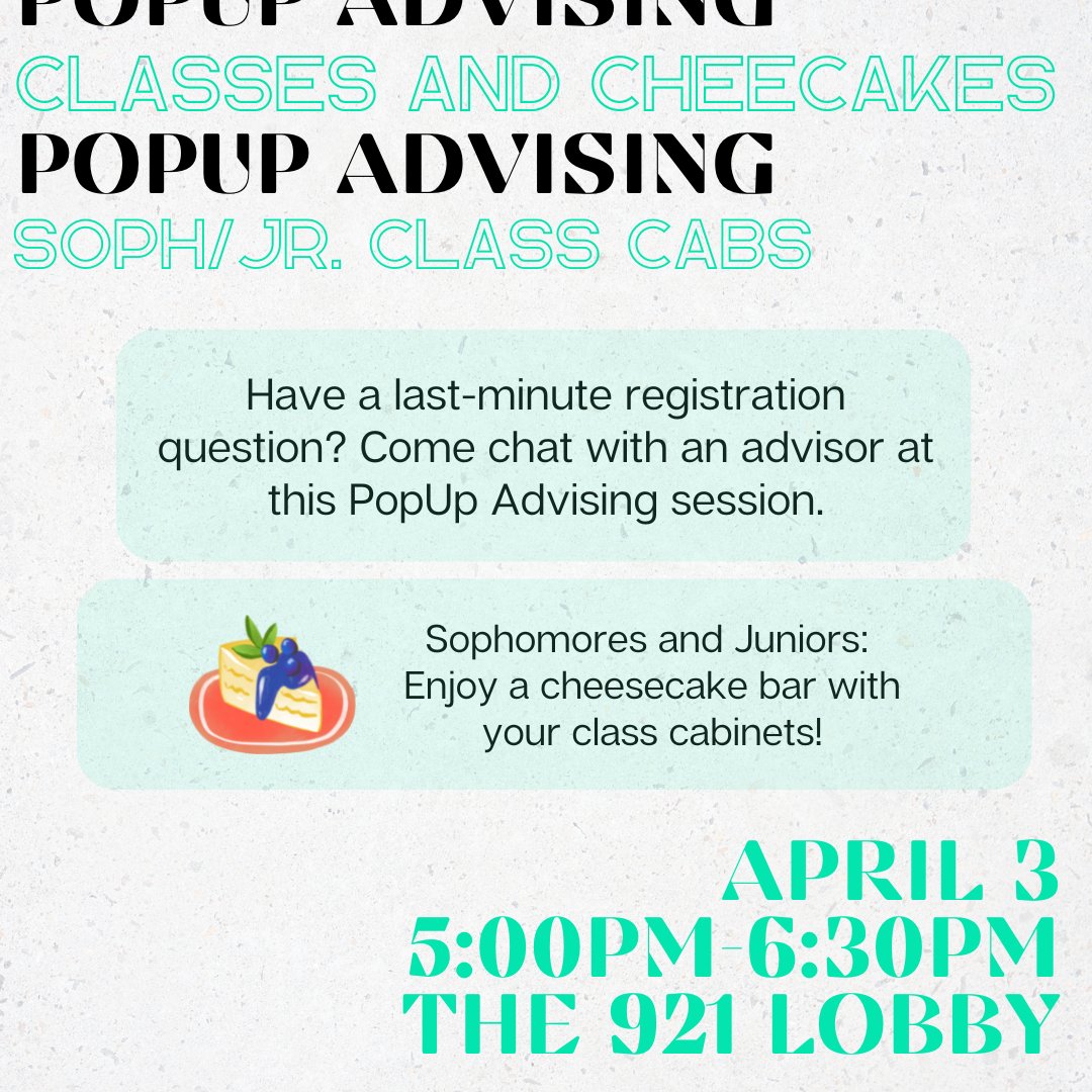 bentleyadvising's tweet photo. PopUp Advising sessions are open to all. This year, class cabinets are also hosting alongside UA. Sophomores/juniors, meet your friends for cheesecake tomorrow at this event sponsored by your class cabinets! https://t.co/1vJHzKYb9M