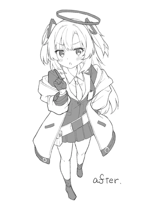 最初に全身絵を描いて、連続したポーズの練習をした後に最初の絵と同じ構図で描く。とりあえずちょっとだけメモ残しといた。
#さいとうなおきのお絵描きドリル2日目
#ブルアカ 