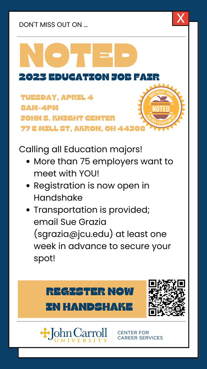 JCUCareerCenter's tweet photo. TOMORROW is the Noted Education Job Fair! Register today: https://t.co/ry36IaXlie https://t.co/HmXxAIdIJf