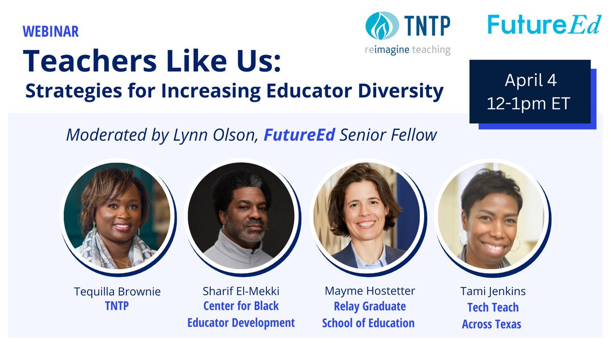 TNTP's tweet image. How can states and school districts create a more diverse teaching workforce?🤔 Join  @TNTP,  @CenterBlackEd, @RelayGSE, and @TexasTech TOMORROW to talk about it: ow.ly/JBG450Nwo8g 

#TNTP #WebinarAlert💻 #FutureEd #CBED #DiversifyEd