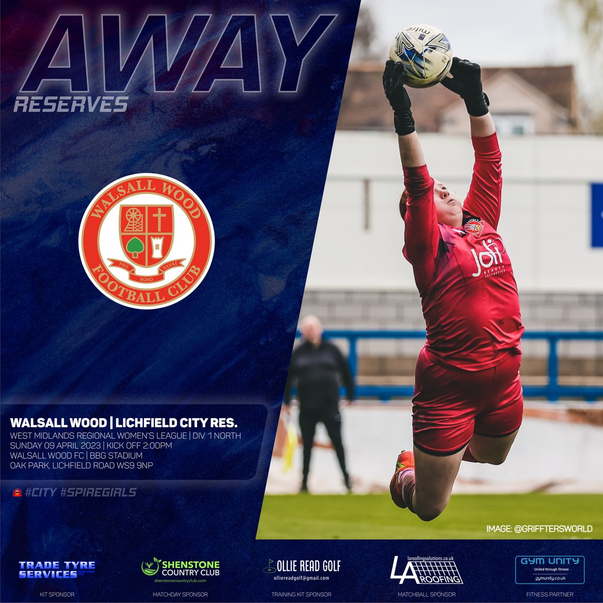 LichfieldWomen's tweet photo. 🔹NEXT UP

The Firsts are on home turf again on Sunday, welcoming @WCFCWomen to the Trade Tyre Community Stadium. The Reserves make the short trip to @WalsallWoodLFC 

Thanks to @rdjones1969 and @grifftersworld for the featured images 🧤

#SpireGirls #City 🔵⚽️ https://t.co/mdc5EOWePR
