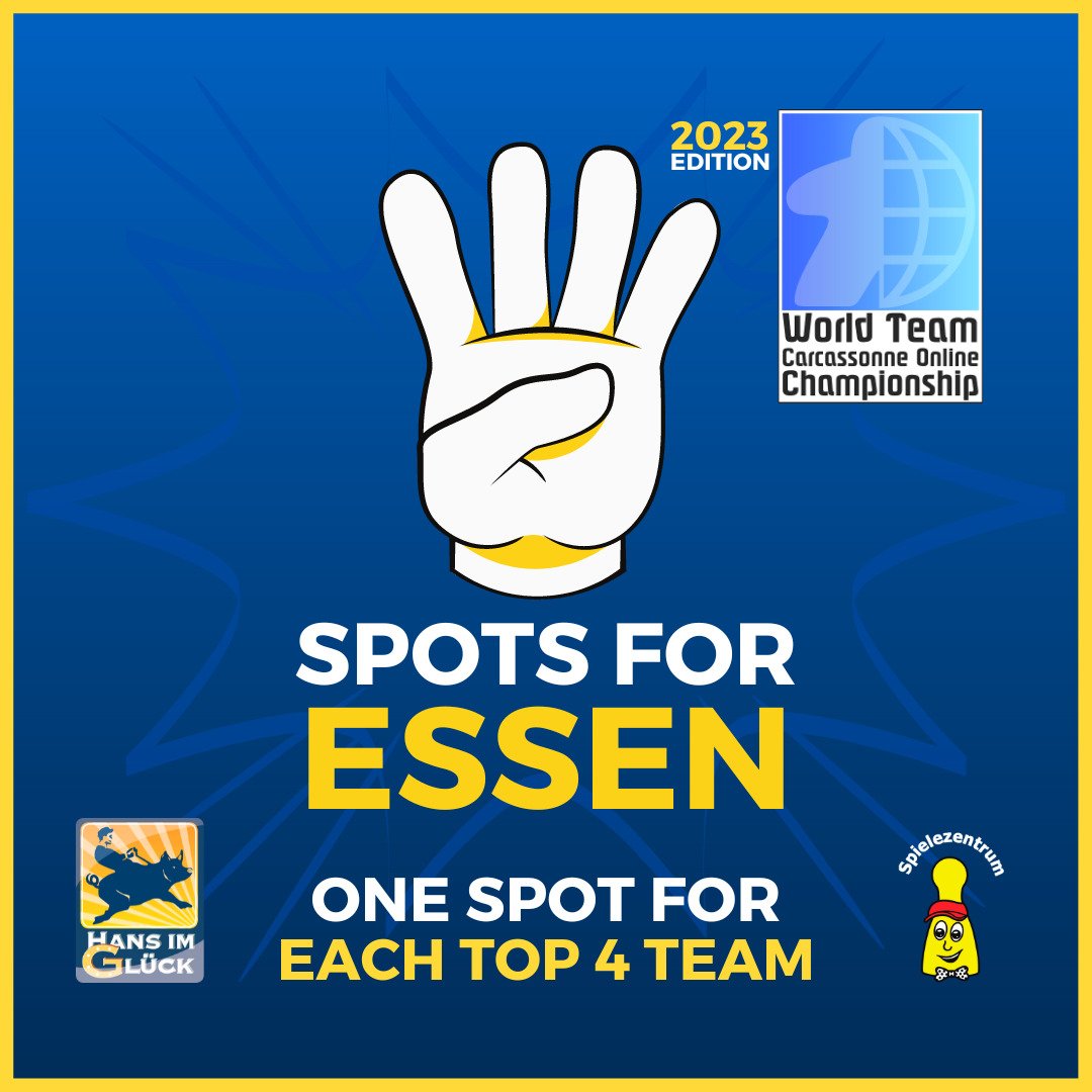 With great joy, I can finally announce: each of the top 4 teams in the WTCOC will win a spot (for one of its members) to the final of the World Carcassonne Championship in Essen! 💛🏰