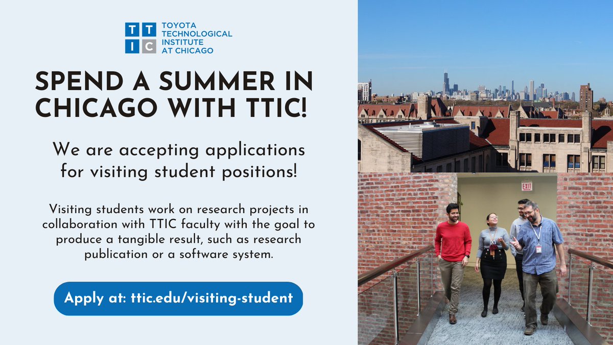 TTIC_Connect's tweet photo. We are accepting applications for our 2023 Summer Internship program! Visiting student alumni have published their work at top venues, won best paper awards, and earned recognition by the CRA for outstanding undergraduate research. Learn more and apply: https://t.co/iam5REb4lX https://t.co/gO5rjJ79C6