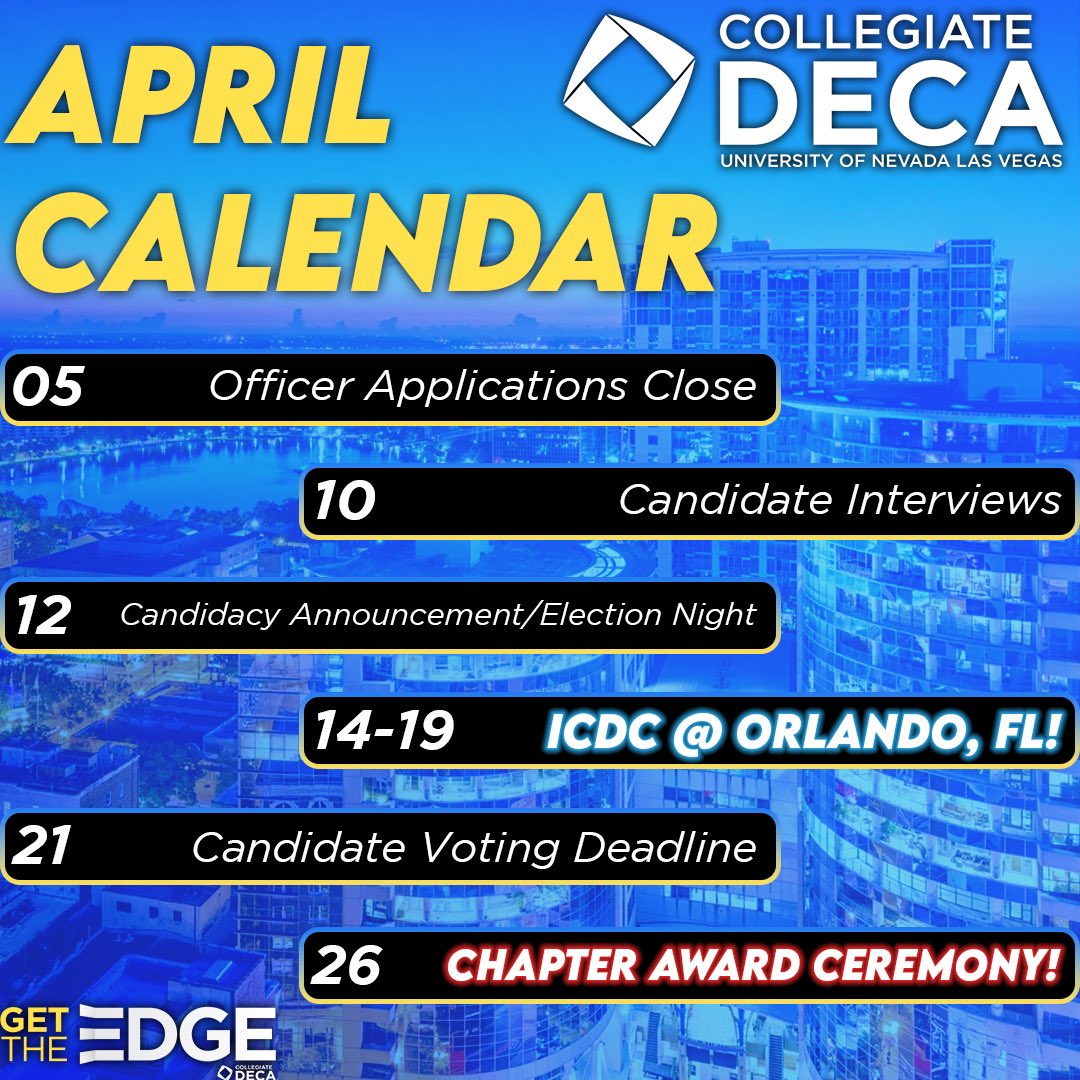 UNLVDECA's tweet photo. Good morning members! I hope you are all excited because this is our final month of Collegiate DECA events! We have many important dates coming up including ICDC 2023 happening in about 2 weeks! #collegiatedeca #gettheedge #deca #cdecaicdc #unlv #involvementunlv https://t.co/7hDvhHmArt