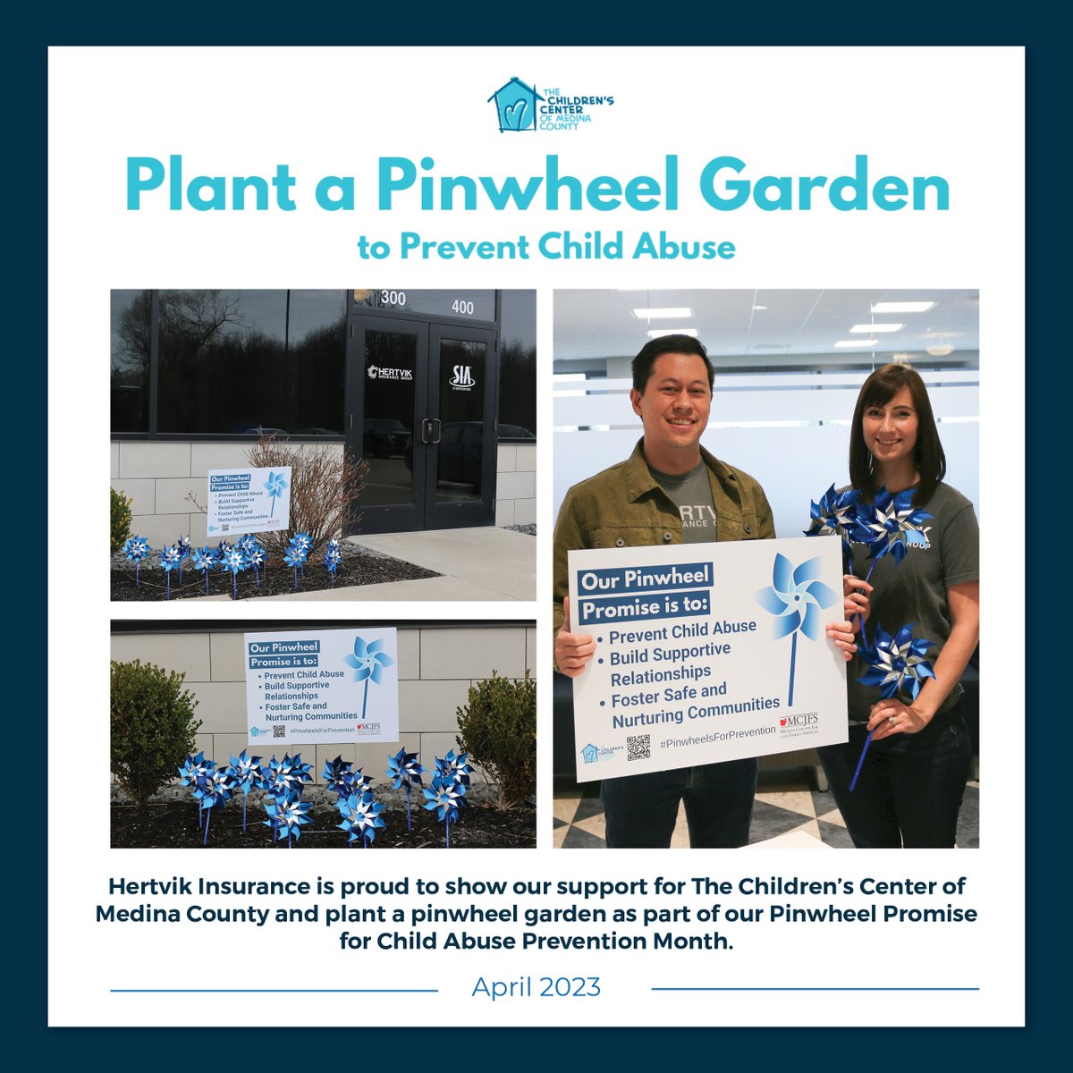 We are proud to support The Children’s Center of Medina County by planting a Pinwheel Garden outside our Medina Hertvik Insurance office to raise awareness for Child Abuse Prevention Month. bit.ly/40O0mfP
#HertvikInsurance #Medina #CAPM2023 #PinwheelsForPrevention #CCMC