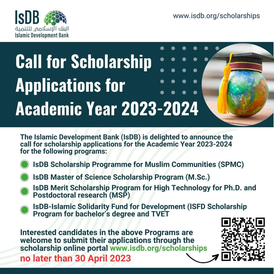 #IsDBScholarship 🎓  

Submit your application through the scholarship online portal at lnkd.in/d_8Ebh_D.

 Deadline on April 30th, 2023.

Good luck to all the applicants! 

#IsDBScholarship🎓 #Education #ScholarshipProgram