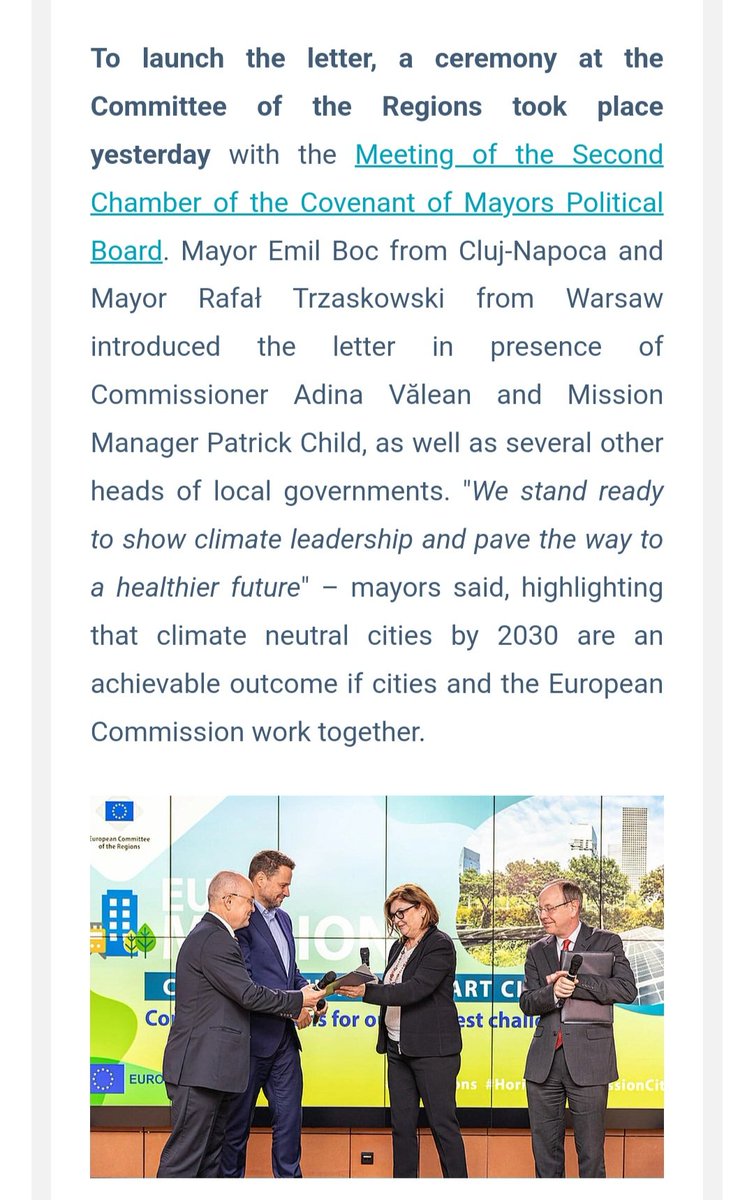 How cool is this? 📨 That moment when you see your mayor in the latest @NetZeroCitiesEU official newsletter, being part of this important on-going process that helps cities navigate the path to climate neutrality. @Emil_Boc #ClujNapoca #GreenCluj #EUcities #NZCMission