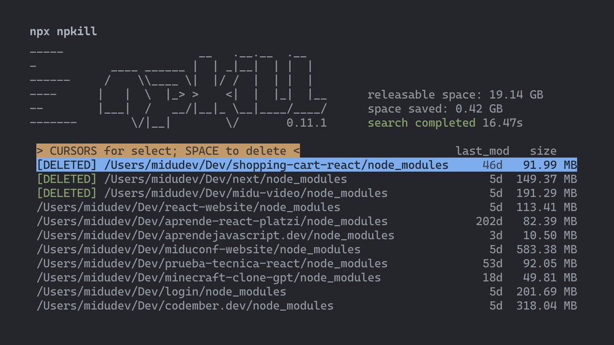 midudev's tweet photo. ¿Eres programador web?
¡Libera espacio en tu disco duro con un sólo comando!

Ejecuta: npx npkill

Te muestra las carpetas node_modules y sus tamaños.
Dale [Espacio] para eliminar las que ya no uses. https://t.co/r0BQrIxxtx