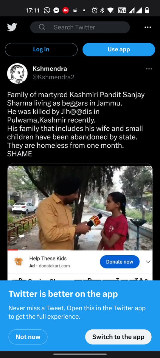 Martand777's tweet photo. @narendramodi Family of martyred Kashmiri Pandit Sanjay Sharma living as beggars in Jammu.
He was killed by Jih@@dis in Pulwama,Kashmir recently.
His family that includes his wife and small children have been abandoned by state.
They are homeless from one month.
SHAME https://t.co/1ceFeyEyFm