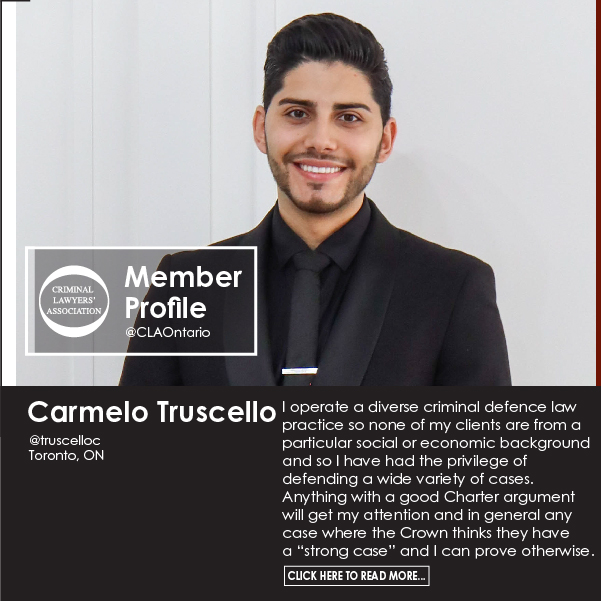 ClaOntario's tweet photo. Introducing @ClaOntario Member Carmelo Truscello, 
@truscelloc  Toronto, ON.  

 Check out our feature member profiles by going to: https://t.co/yK1rfsI7Qv… 

#lawtwitter #lawyer #criminaldefence https://t.co/YRNIaudqCy