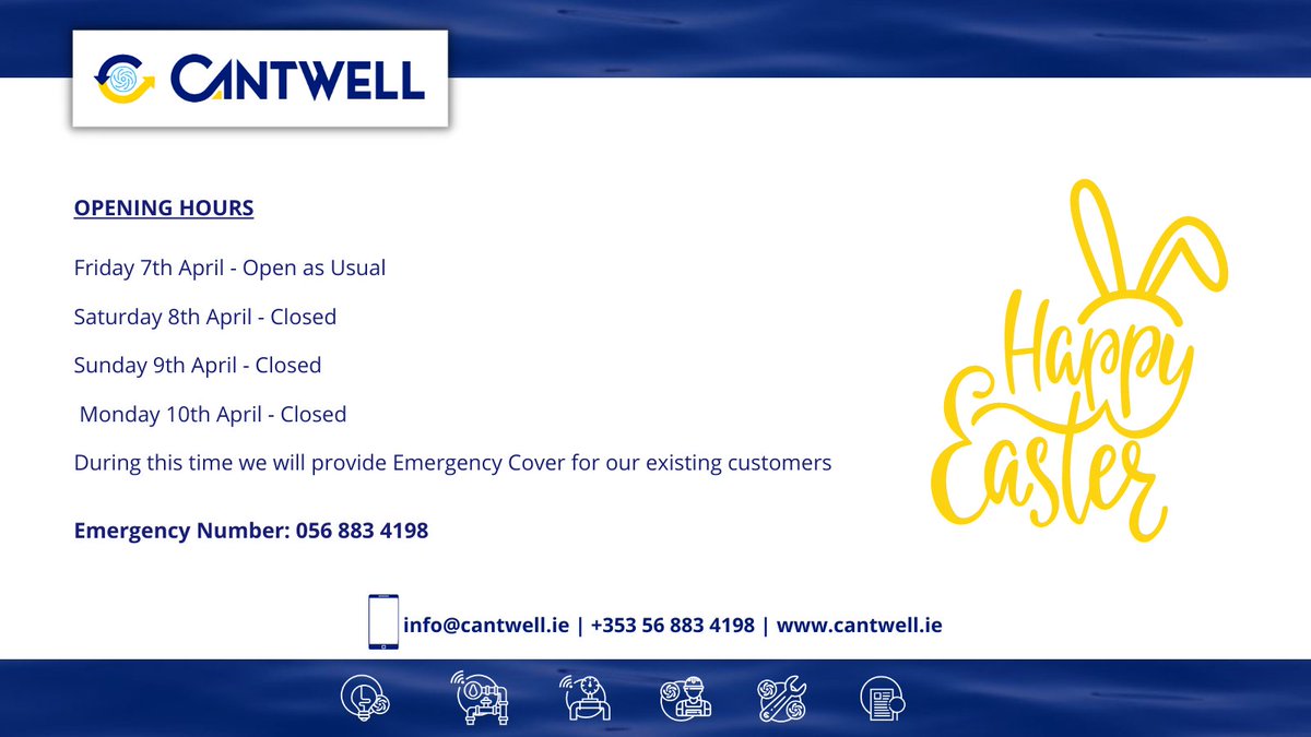 Ahead of the weekend, please note our Opening Hours⬇️
During the Easter period we will continue to provide Emergency Cover to our existing customers. 
Wishing you all a very Happy Easter🐰
#easter #easter2023 #openinghours #emergency #clients #waterpumps #watertreatment #cantwell