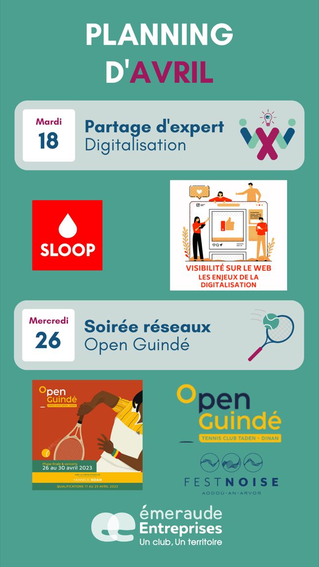 ClubEmeraudEnt's tweet image. 🗓️ AVRIL🗓️

💻 Mardi 18 avril
Partage d’expert sur la digitalisation par l'@agence_sloop 
Inscription : cutt.ly/q4NDlct

🎾 Mercredi 26 avril
Soirée réseaux @openguinde avec la présence de @GillesSimon84 et du collectif Fest Noise 🎶
Inscription : cutt.ly/54UZMGp