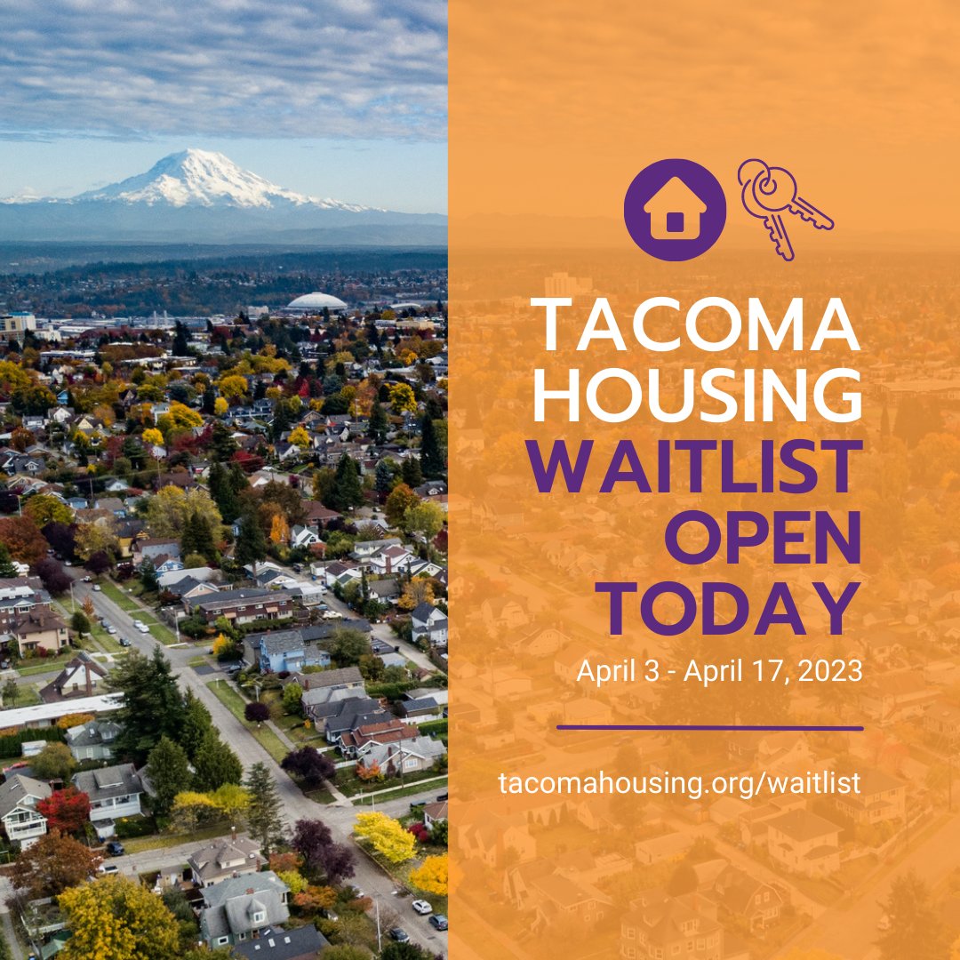 <a href="/TacomaHousing/">Tacoma Housing</a>'s (THA) affordable housing waitlist opens today, Monday, April 3 at 9 a.m.

THA offers two kinds of help:
🏘️ Affordable apartments for rent
💲 Voucher to help pay rent in Tacoma

The waitlist will be open until 4 p.m. on Monday, April 17.
tacomahousing.org/waitlist