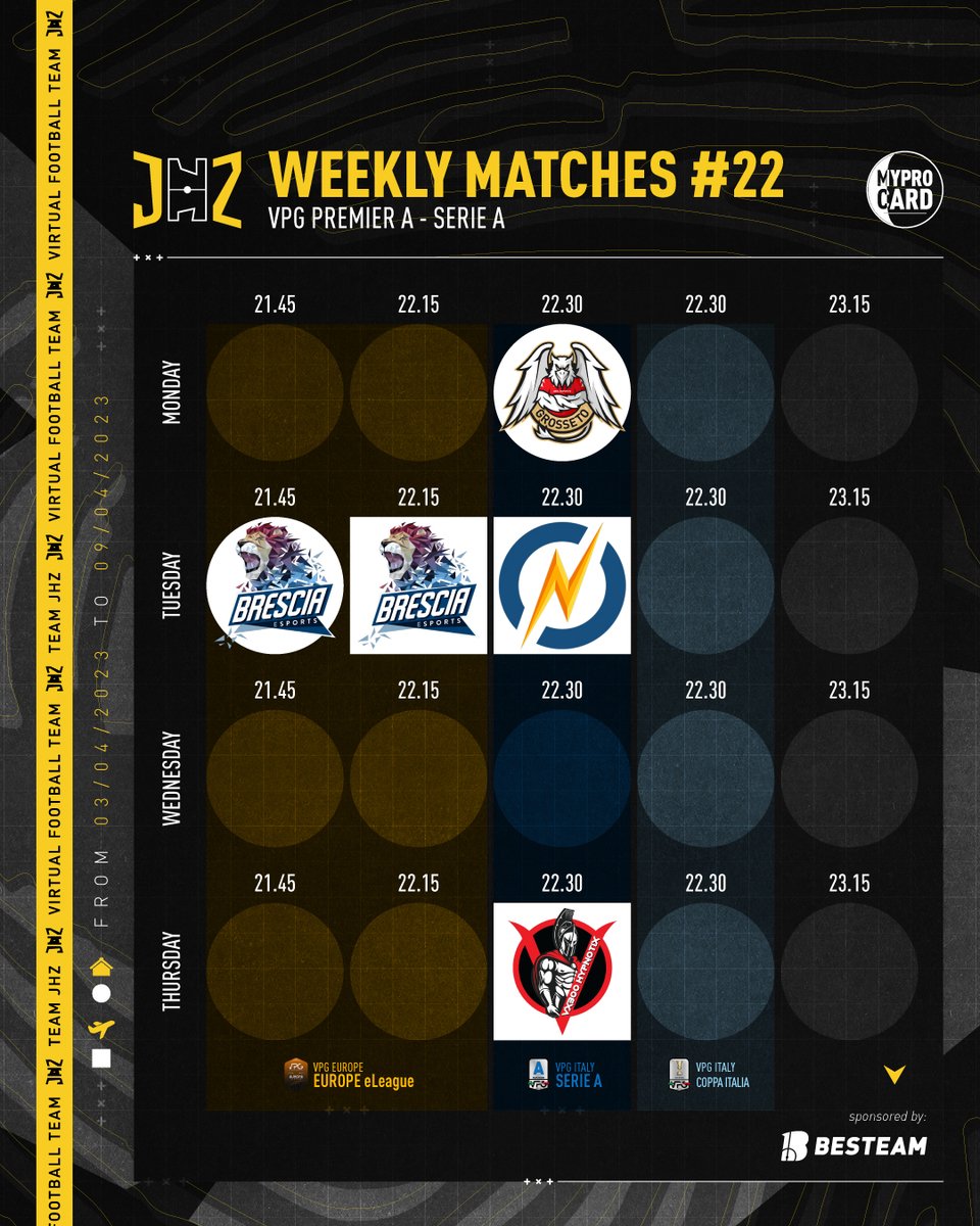 📰| Settimana #22 🟡⚫️

Veniamo da una brutta settimana e dobbiamo ripartire.
Ci aspetta una bella sfida tutta italiana in VPG Europe eLeague!

📷#ForzaJHZ