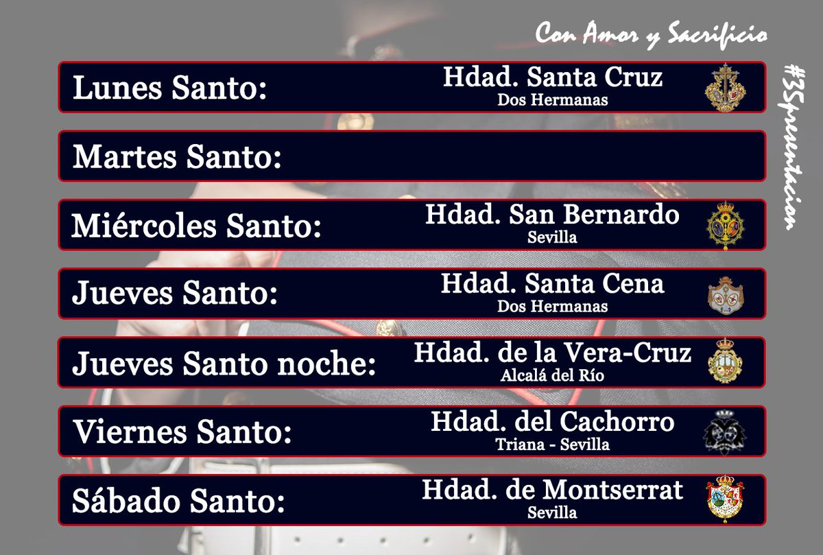 Os dejamos a continuación, aunque muchos de vosotros os lo sabéis, el resto de días de nuestra Semana Santa.

Con Amor y Sacrificio...

#35Presentacion #doshermanas #sevilla