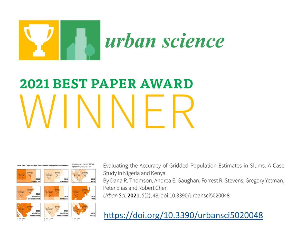 Dana R. Thomson (@dana_r_thomson) on Twitter photo Proud to receive the 2021 Best Paper award from <a href="/Urbansci_MDPI/">Urban Science MDPI</a> for an accuracy assessment of #griddedpopulation datasets in #slums.
doi.org/10.3390/urbans…
This work is with <a href="/aegaughan/">andrea gaughan</a> <a href="/forreststevens/">Forrest R. Stevens</a> <a href="/peter_pelias/">Peter Elias</a> <a href="/gyetman/">Greg Yetman</a> <a href="/sdi_net/">Slum Dwellers International</a> and others! #mdpiurbansci Proud to receive the 2021 Best Paper award from <a href="/Urbansci_MDPI/">Urban Science MDPI</a> for an accuracy assessment of #griddedpopulation datasets in #slums.
doi.org/10.3390/urbans…
This work is with <a href="/aegaughan/">andrea gaughan</a> <a href="/forreststevens/">Forrest R. Stevens</a> <a href="/peter_pelias/">Peter Elias</a> <a href="/gyetman/">Greg Yetman</a> <a href="/sdi_net/">Slum Dwellers International</a> and others! #mdpiurbansci