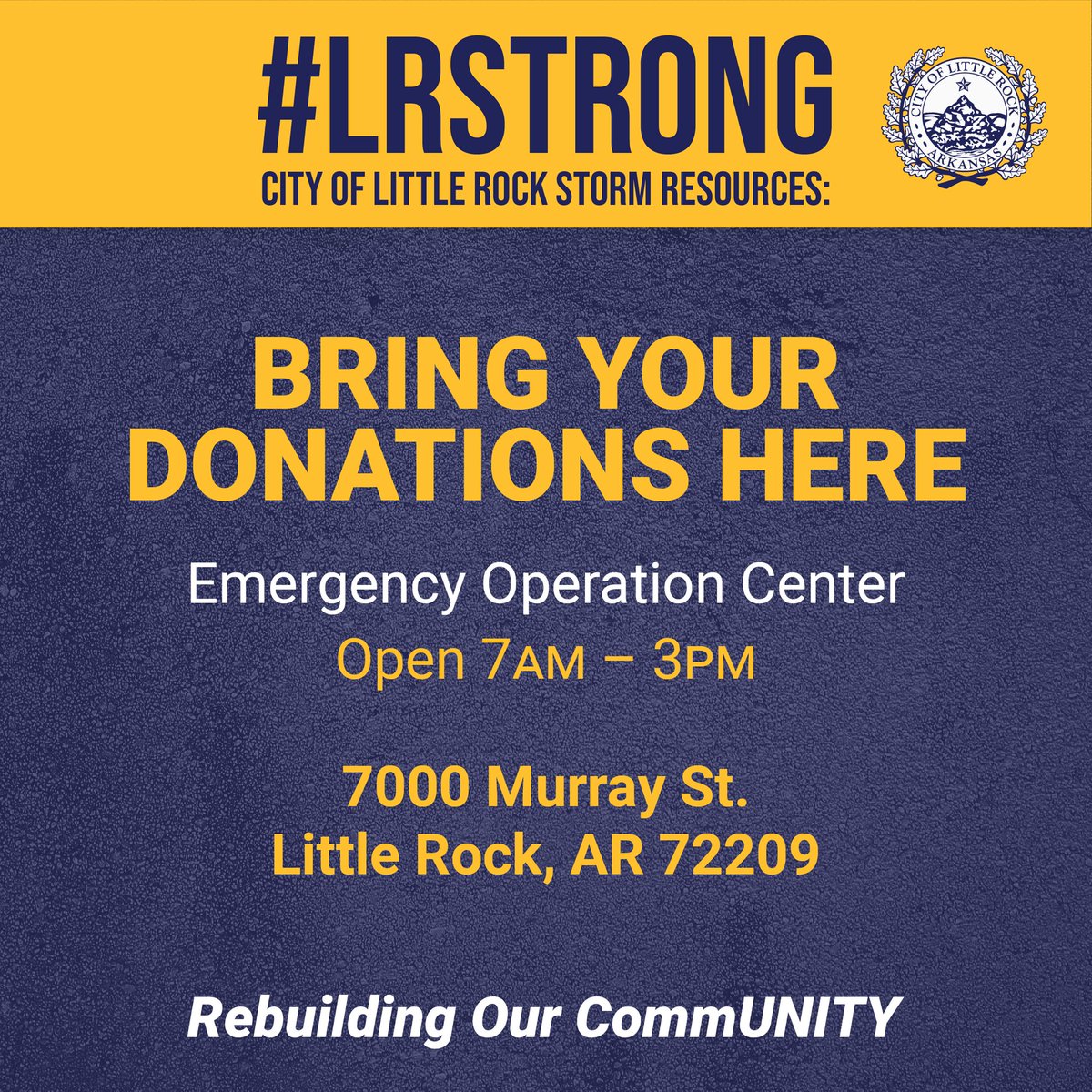 DowntownLR's tweet photo. @CityLittleRock is ready for more donations:
Non-perishable food items
Water
Hygiene products
Baby items
Clothing can be taken to @GoodwillAR. They are partnering with the city to give the monetary value of your clothing donation to the @ArkRedCross.
#LRstrong #LRcares https://t.co/9bP7nAWcyq