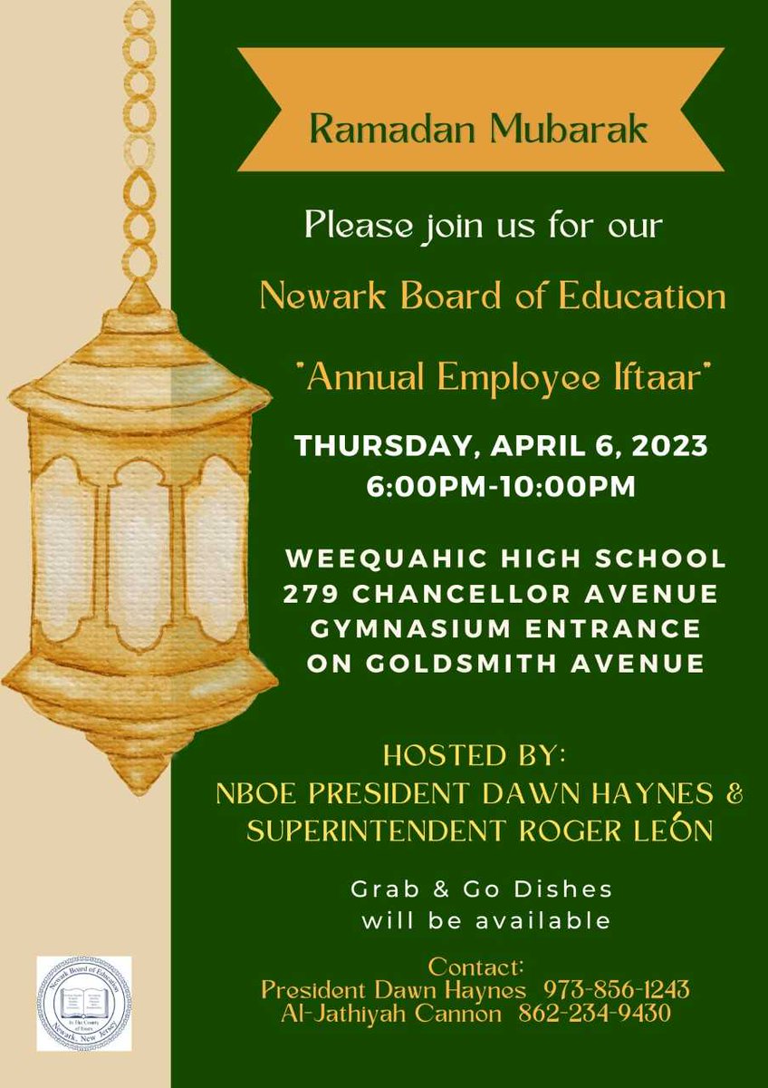 Please join us for our Newark Board of Education Annual Employee Iftaar on Thursday, April 6, 2023, from 6-10 pm. This is a great opportunity for us to come together and celebrate our diversity. We hope to see you there!
