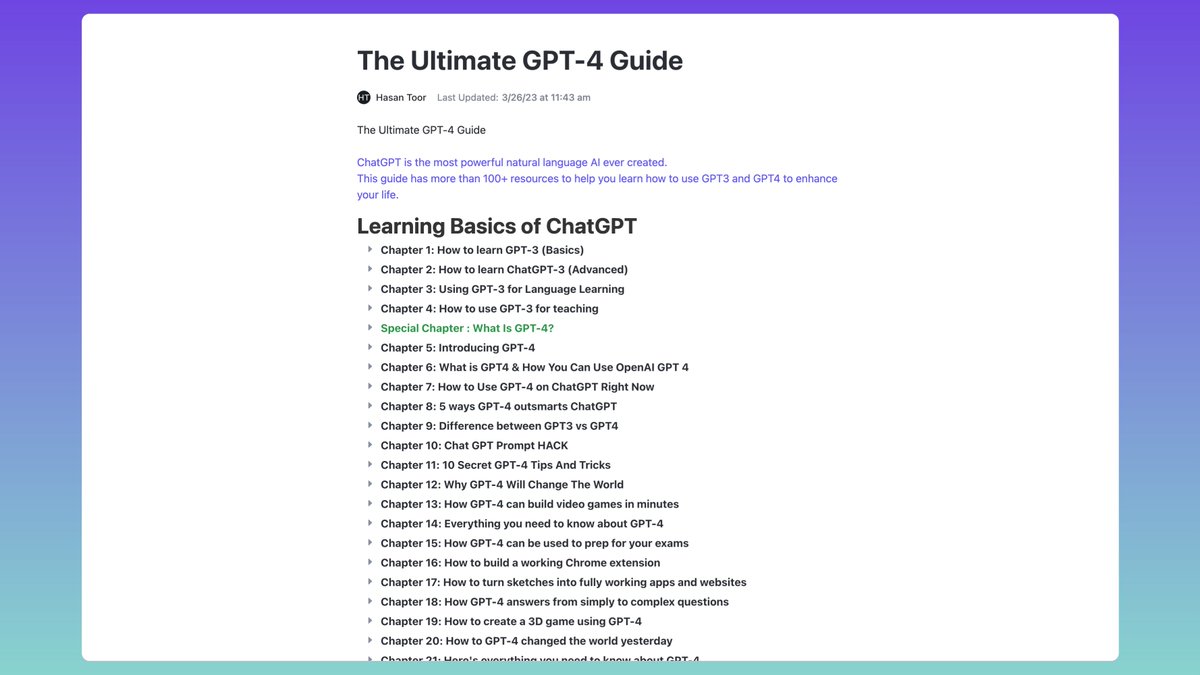 #工程师学习 看到一个 ChatGPT 学习指南「The Ultimate GPT-4 Guide」，提供了 100 多个资料来帮助你学习和了解 GPT 的方方面面，包括基础、商业、效率、赚钱、各类工具、Prompts 等，值得系统性一看。
🤖 doc.clickup.com/37456139/d/h/1…