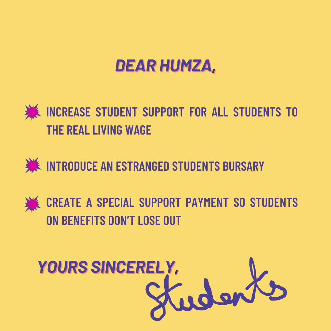 NUSScotland's tweet photo. Sign our open letter to the new First Minister to demand that he does good on the promises his party made to students: https://t.co/UKOEuvvXYV

Students need increased student support that does not negatively impact the amount of benefits they are eligible for. https://t.co/u3lpZAr34V