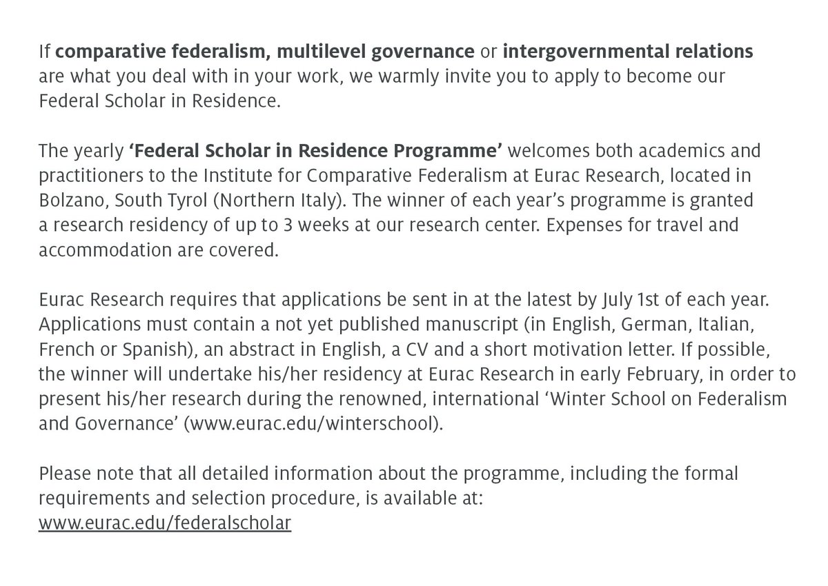 🔴A program that shapes. Our #FederalScholarinResidence call is open again. Until July 1, applications with unpublished papers in English, German, Italian, French and Spanish can be submitted. eurac.edu/en/institutes-… 🤓What to expect from the research stay? 👇
