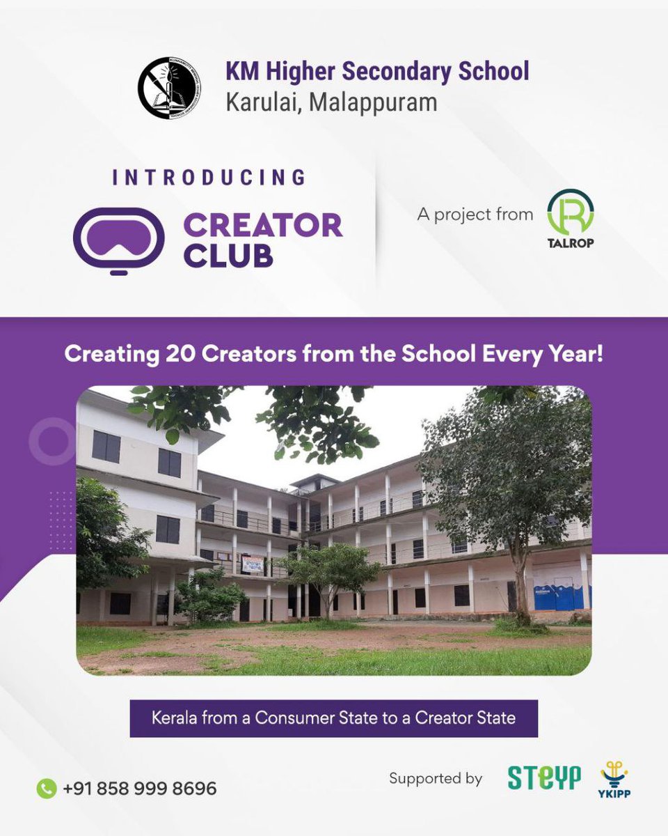 YkippOfficial's tweet photo. To transform Kerala from a consumer state to a creator state, Talrop is implementing Creator Club programme in selected 2,100 schools of Kerala.
KM Higher Secondary School Karulai, Malappuram is pledging 20 creators from the school.
#talrop #ykipp #steyp #creatorclub https://t.co/YJQcxHTtuu