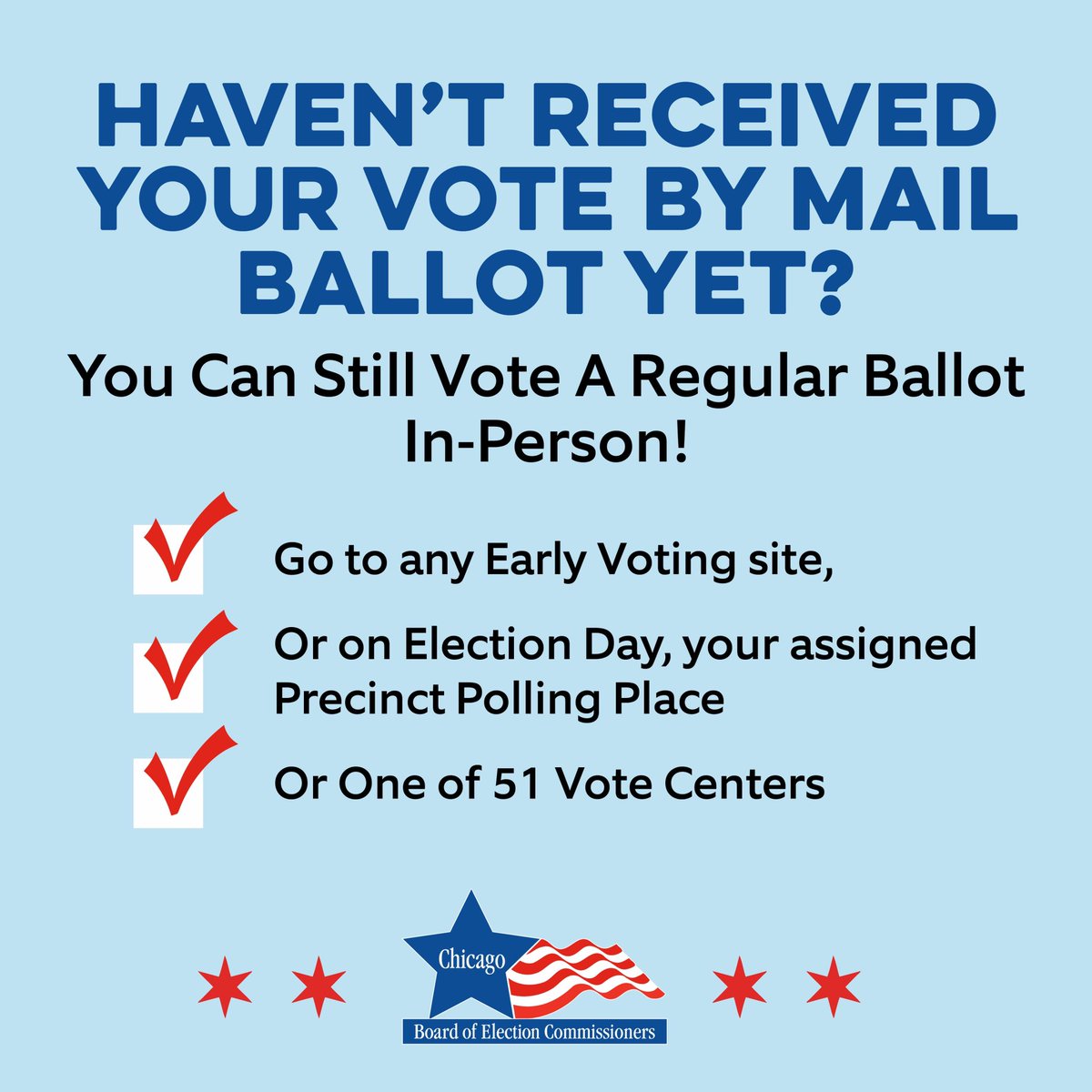 Haven't received your Vote By Mail ballot yet? You can still vote in person at any Early Voting site or on Election Day - let an election judge know your ballot hasn’t arrived, you will sign a form, then you can vote a regular ballot on the spot. m.chicagoelections.gov/en/vote-by-mai… 🗳️