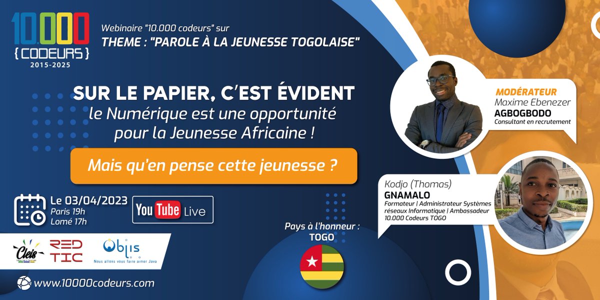 #TOGO Maxime Ebenezer Agbogbodo, Expert en Recrutement, reçoit dans PAROLE A LA JEUNESSE : ​

Kodjo GNAMALO, Administrateur Systèmes Réseaux Informatiques &amp; Ambassadeur #10000CODEURS Togo.

👉 YouTube : lnkd.in/eSQM9Xg5

RDV ce soir à 19h (Heure de Paris)
 
#tg228