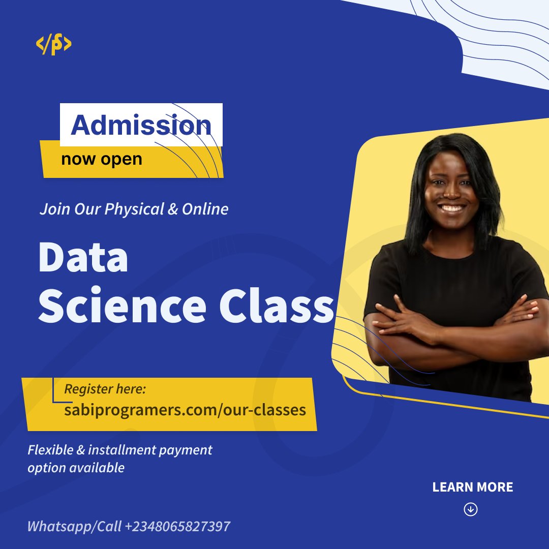 SabiProgrammers's tweet photo. If you've been dreaming of a career in data science, this is the perfect opportunity to make it happen!  

Don't let your dreams remain just that – take action today and register to join our amazing tech school!

 #DataScience #AdmissionInProgress #JoinUs #datasciencejobs #Data https://t.co/CAB2inhdM2